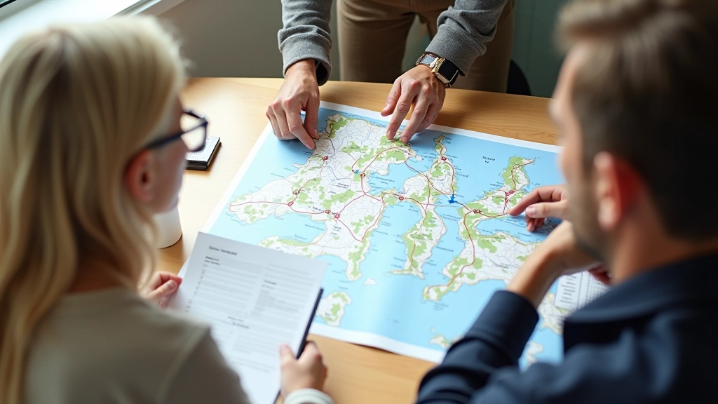 Team van gidsen in kantoor met kaarten en wandelplannen op tafel