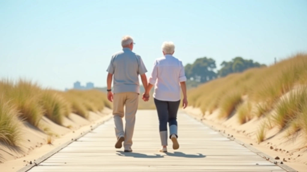 Twee senioren wandelen samen op het Scheveningen boulevard met uitzicht op zee en duinen