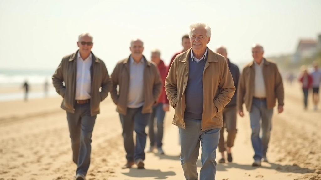 Groep senioren wandelt ontspannen op het zandstrand, verschillende snelheden geaccepteerd