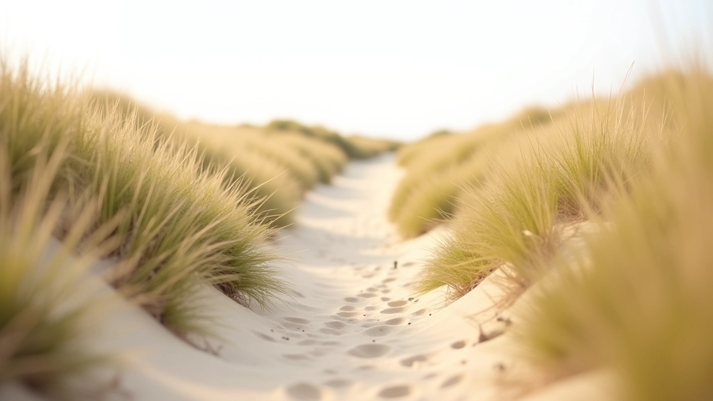 Duinpad tussen zandduinen met helmgras, rustig pad, geen mensen, natuurlijke duinvegetatie