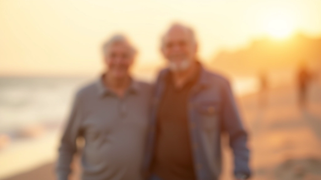Senioren paar lacht en loopt samen op strand bij zonsondergang