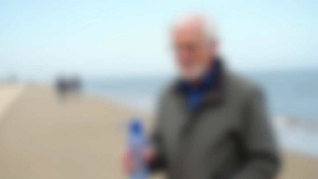 Wandelaar met waterfles op strandpromenade, blauwe zee op achtergrond