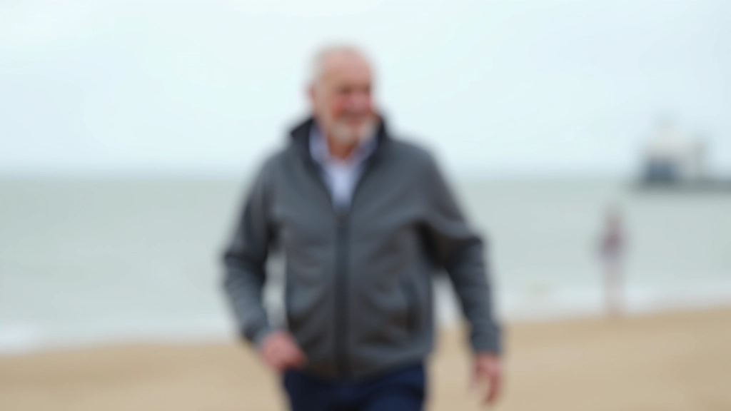 Senior man loopt op kusstrand met goede posture en vertrouwen