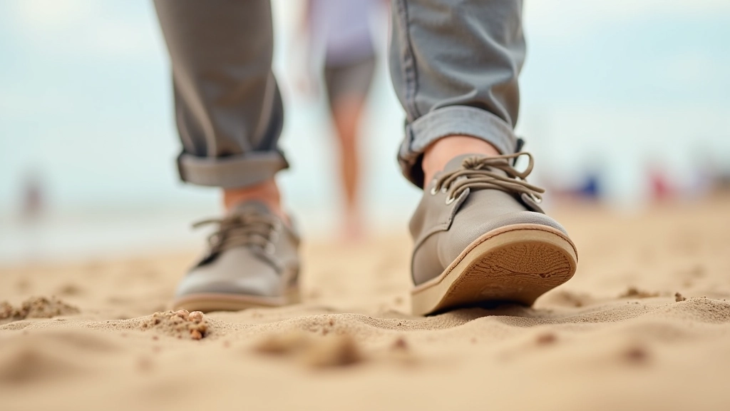 Close-up van wandelschoenen op zand, goed voetwerk voor seniorenwandelingen