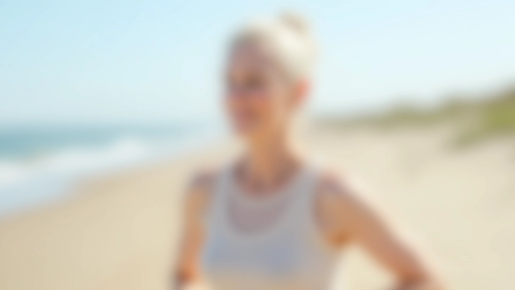 Senioren vrouw doet stretching op het strand met duinen op achtergrond