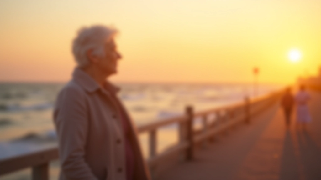 Oudere wandelaar geniet van uitzicht op zee bij zonsondergang, Scheveningen boulevard