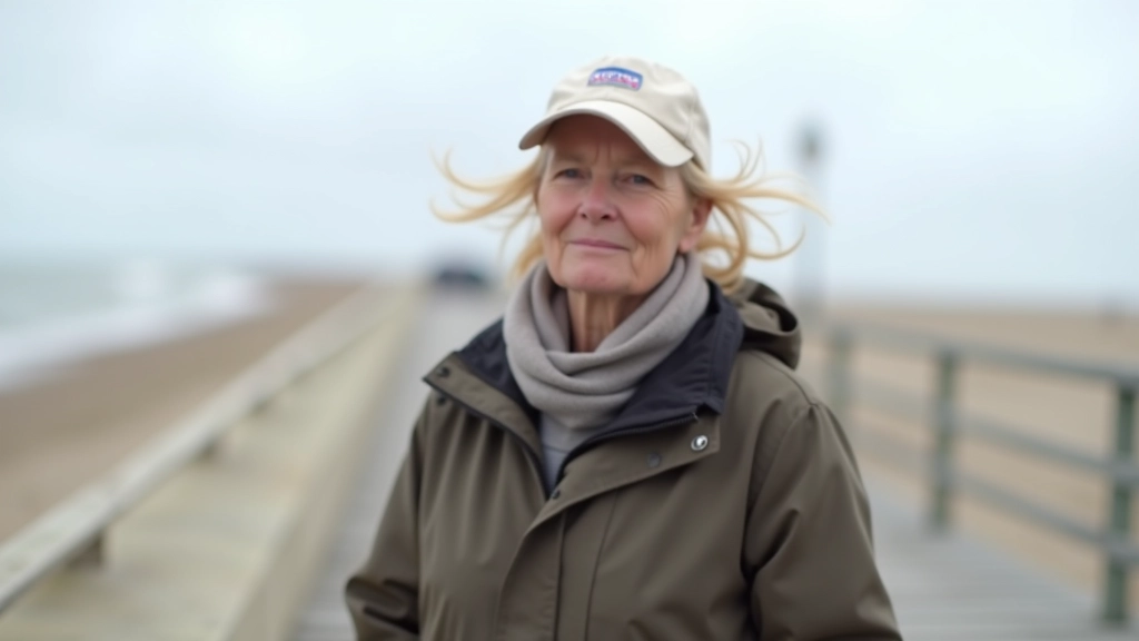 Senior wandelaar gekleed in laagjes en windjack op windige kustpromemnade